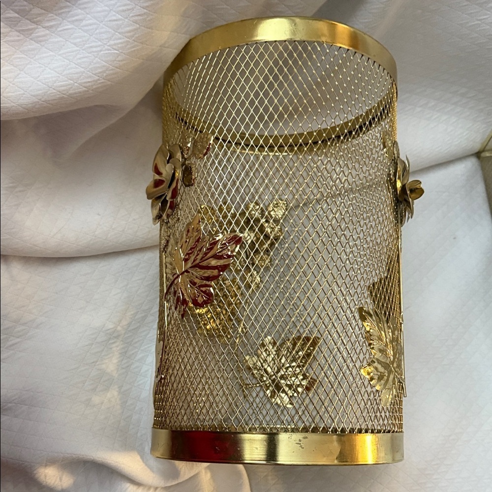 Vintage Hollywood Regency Gold Mesh Wastebasket & Tissue Box Cover Ornate Floral - Picture 12 of 15